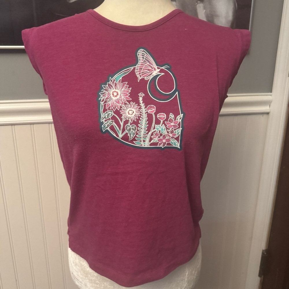 Carhartt Girl’s Sleeveless Magenta Floral Butterfly Graphic Tshirt Sz Large (12)
